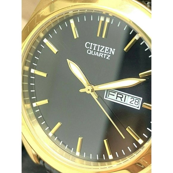 Citizen | Accessories | Citizen Mens Watch 12s110327 Black Dial Day Date  Leather Band Quartz 39mm | Poshmark